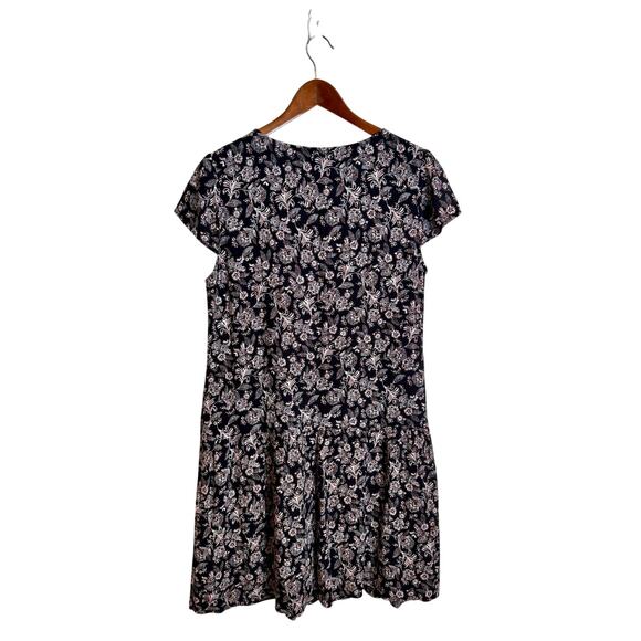 Garnet Hill Summer Day Black Floral Drop-Waist Pockets Mini Dress Size 10 - Picture 2 of 8